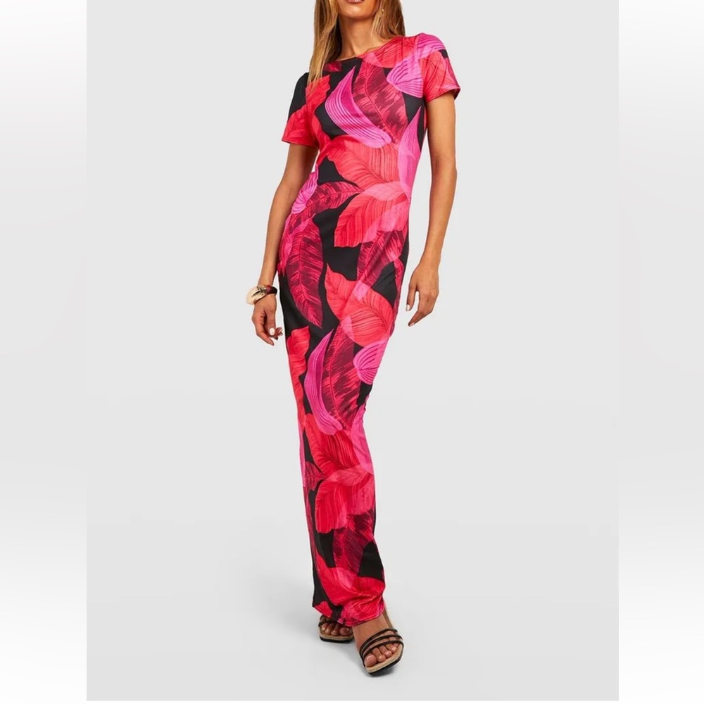 Boohoo Pink and Red Leaf Print Maxi Dress